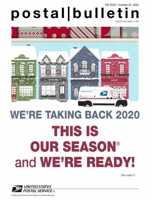 Front Cover: Postal Bulletin 22557, October 22, 2020. We’re Taking Back 2020. This is our season and we’re ready!