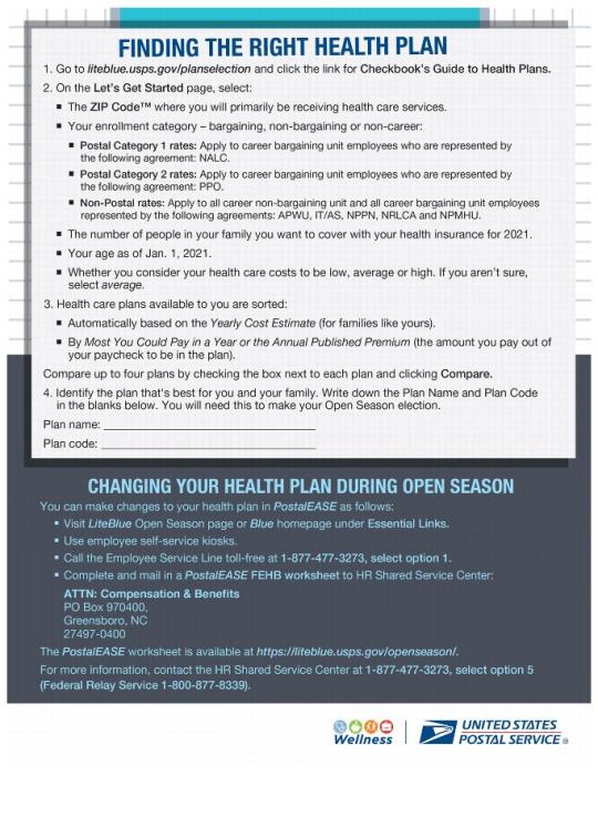 Flyer. Finding the Right Plan. 1) Go to liteblue.usps.gov/planselection and click the link for Checkbook's Guide to Health Plans.