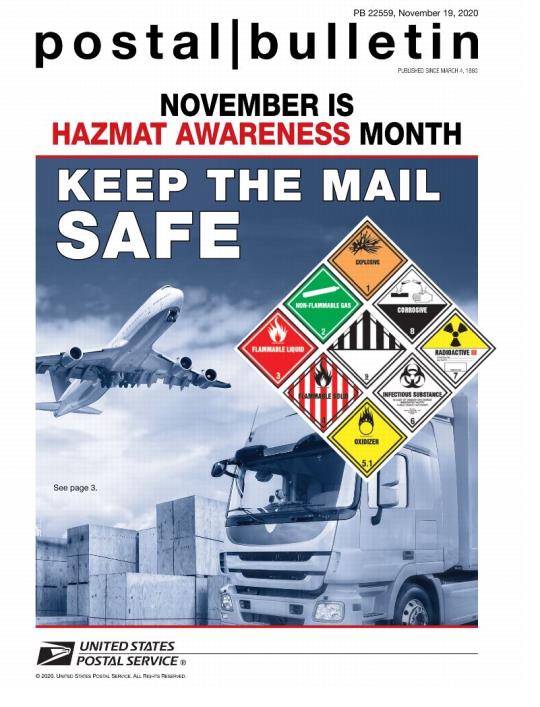 Front Cover: Postal Bulletin 22559, November 19, 2020. November is HAZMAT Awareness Month. Keep the Mail Safe.