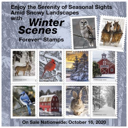 Back Cover. Postal Bulletin, 22562, December 31, 2020. Enjoy the Serenity of Seasonal Sights Amid Snowy Landscapes with Winter Scenes Forever Stamps. On sale Nationwide: October 16, 2020.