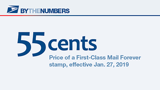 By The Numbers. 55 cents: Price of First-Class Mail Forever stamp, effective January 27, 2019.