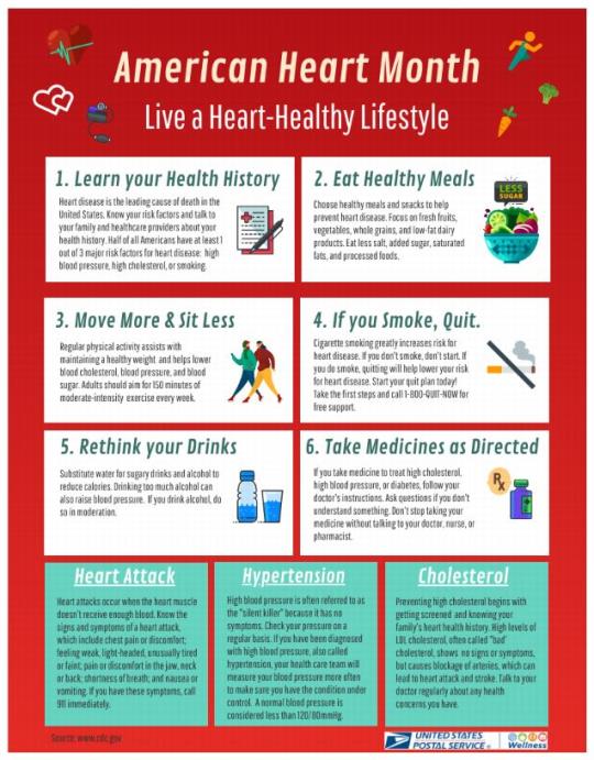 American Hearth Month: Live a Heart-Healthy Lifestyle. 1. Learn your health history. 2. Eat Health Meals. 3. Move More and Sit Less. 4. If you Smoke, Quit. 5. Rethink your Drinks. 6. Take Medicines as Directed.Heart Attack: Heart attacks occur when the heart muscle doesn’t receive enough blood. Know the signs and symptoms of a heart attack. Hypertension: High blood pressure is often referred to as the "silent killer" because it has no symptoms. Check your pressure on a regular basis. Cholesterol: Preventing high cholesteral begins with getting screened and knowing your family’s heart health history. High levels of LOL cholesterol, often called "bad cholesterol, shows no signs or symptoms.