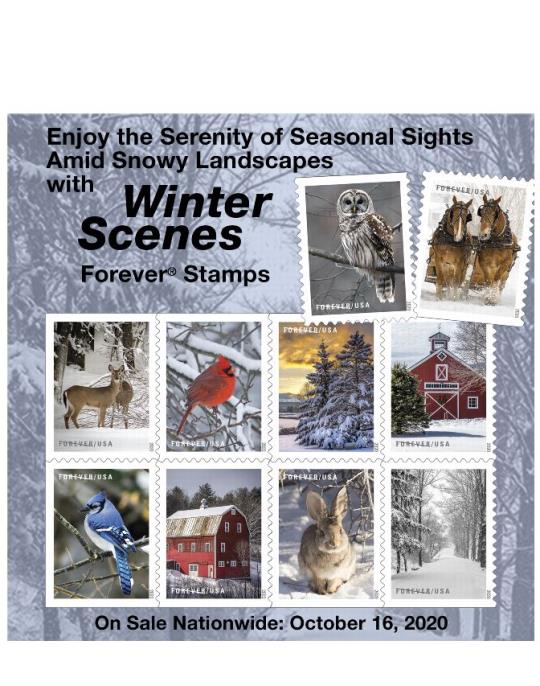 Enjoy the Serenity of Seasonal Sights Amid Snowy Landscapes with Winter Scenes Forever Stamps. On Sale Nationwide: October 16, 2020.