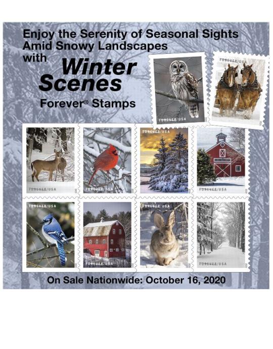 Enjoy the Serenity of Seasonal Sights Amid Snow Landscapes with Winter Scenes Forever Stamps. On Sale Nationwide: October 16, 2020.