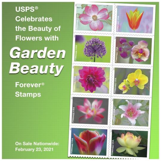 Back Cover. Postal Bulletin, 22568, March 25, 2021. USPS Celebates the Beauty of Flowers with Garden Beauty Forever Stamps. On Sale Nationwide: February 23, 2021.