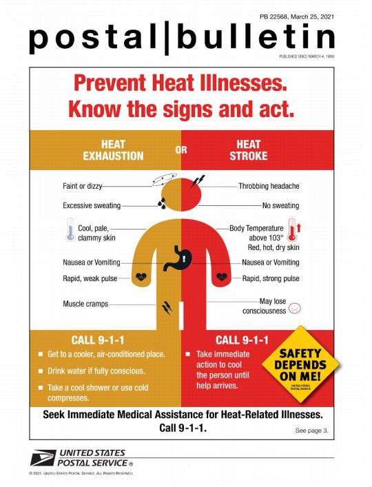 Front Cover: Postal Bulletin 22568, March 25, 2021. Prevent Heat Illnesses. Know the signs and act. Heat exhaustion: Faint or dizzy, Excessive sweating, Cool, pale, clammy skin, Nausea or vomiting, Rapid, weak pulse, Muscle cramps. Heat Stroke: Throbbing headache, No sweating, Body Temperature above 103, Red, hot, dry skin; Nausea or vomiting; Rapid, strong pulse; May lose consciousness. Call 9-1-1.