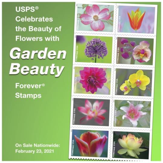 Back Cover. Postal Bulletin, 22569, April 8, 2021. USPS Celebates the Beauty of Flowers with Garden Beauty Forever Stamps. On Sale Nationwide: February 23, 2021.