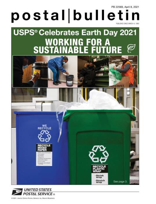 Front Cover: Postal Bulletin 22569, April 8, 2021.USPS Celebrates Earth Day 2021. Working for a Sustainable Future.