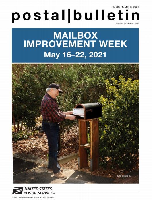 Front Cover: Postal Bulletin 22571, May 6, 202. Mailbox Improvement Week, May 16-22, 2021.