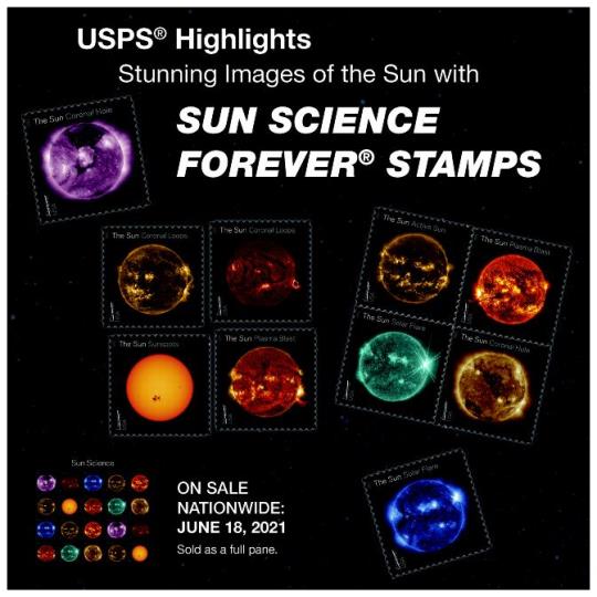 Back cover (Postal Bulletin 22577). July 29, 2021. USPS Highlights Stunning Images of the Sun with Sun Science Forever Stamps. On Sale Nationwide: June 18, 2021