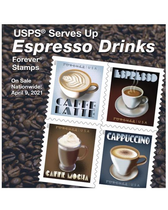 USPS Serves Up Espresso Drinks Forever Stamps. On Sale Nationwide: April 9, 2021.