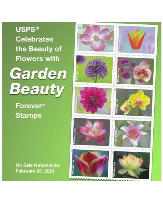 USPS Celebrates the Beauty of Flowers with Garden Beauty Forever Stamps. On Sale Nationwide: February 23, 2021.