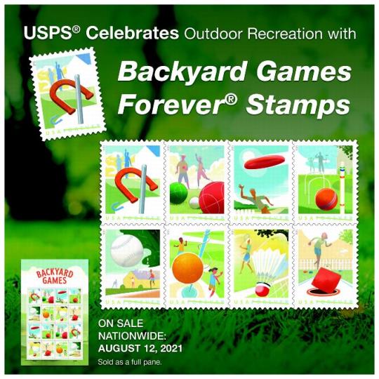 Back cover (Postal Bulletin 22580). September 9, 2021. USPS Celebrates Outdoor Recreation with Backyard Games Forever Stamps. On Sale Nationwide: August August 12, 2021. Sold as a full pane.