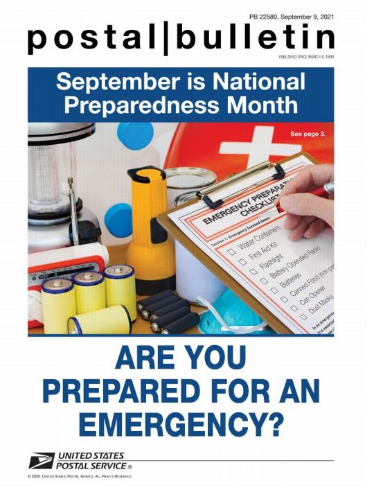 Front Cover: Postal Bulletin 22580, September 9, 2021.September is National Preparedness Month. Are You Prepared for an Emergency?