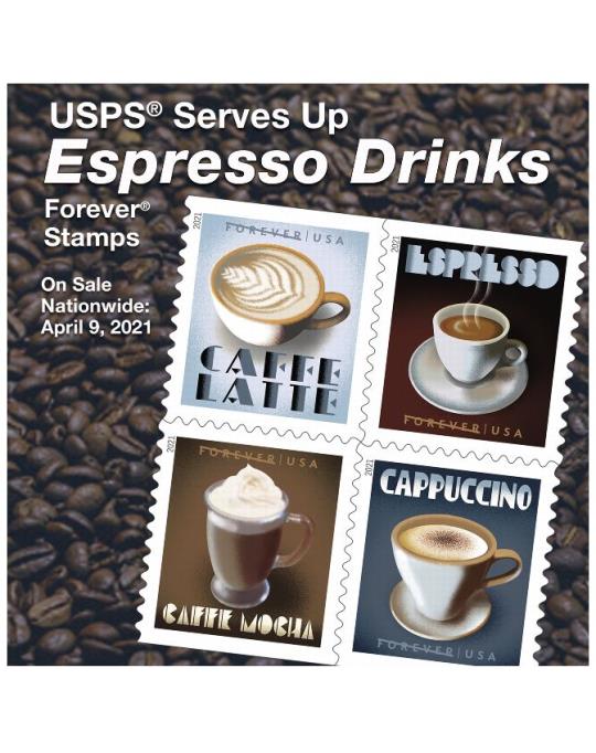 USPS FServes Up Espresso Drinks Forever Stamps. On Sale Nationwide: April 9, 2021.