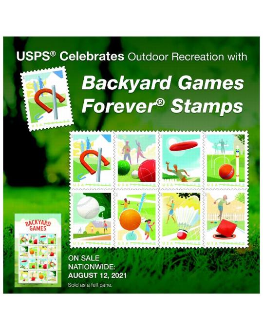 USPS Celebrates Outdoor Recreation with Backyard Hames forever Stamps. On sale nationwide: August 12, 2021. Sold as a full pane.