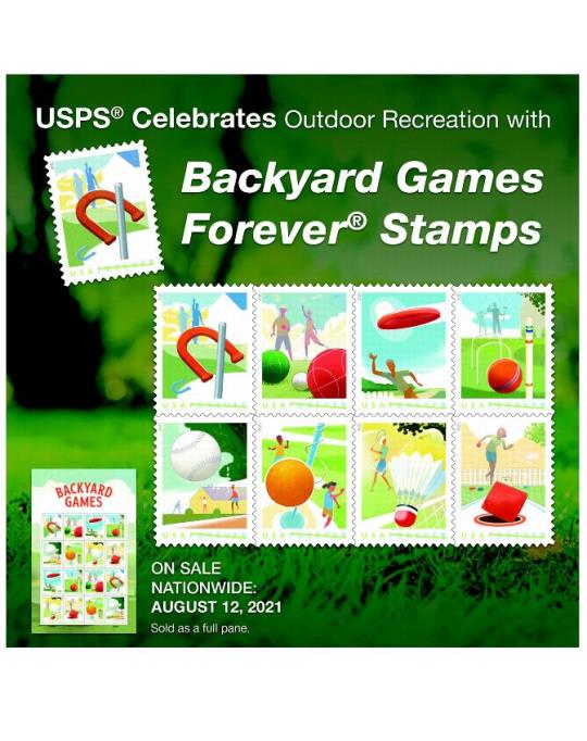 USPS Celebrates Outdoor Recreation with Backyard Games Forever Stamps. On sale nationwide August 12, 2021. Sold as a full pane.