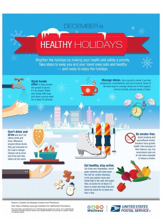 December is Healthy HolidaysBrighten the Holiday by making your health and safety a priority. Take steps to keep you and your love ones safe and health and ready to enjoy the Holidays.Wash hands often to help prevent the spread of germs. It’s flu season. Wash your hands with soap and clean running water for at least 20 seconds.Manage stress. Give yourself a break if you feel stressed out, overwhelmed, and out of control. Some of the best ways to manage stress are to find support, connect socially, and get plenty of sleep.Don"t drink and drive and don’t let others drink and others drink and drive. Whenever anyone drives drunk, they put everyone on the road in danger. Choose not to drink and drive and help others do the same.Be smoke-free. Avoid smoking and secondhand smoke.