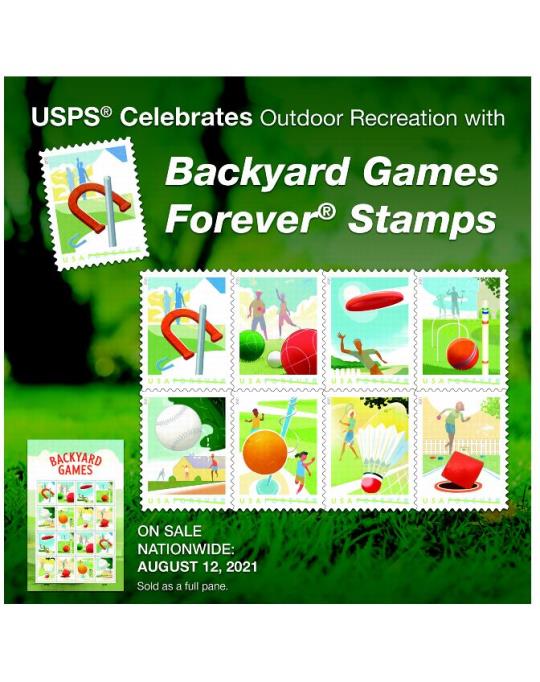 USPS Celebrates Outdoor Recreation with Backyard Games Forever Stamps. On Sale Nationwide: August 12, 2021. Sold as a full pane.