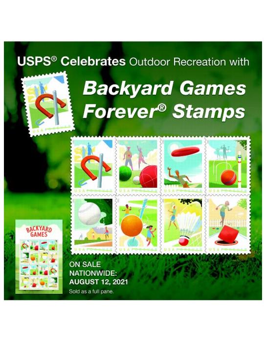 USPS Celebrates Outdoor Recreation with Backyard Games Forever Stamps. On sale nationwide: August 12, 2021. Sold as a full pane.