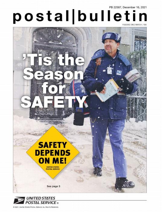 Front Cover: Postal Bulletin 22587, December 16, 2021. ’Tis the Season for Safety