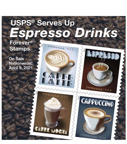 USPS Serves Up Espresso Drinks Forever Stamps. On sale nationwide: April 9, 2021.