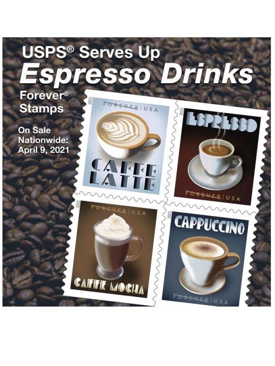 USPS Serves Up Espresso Drinks Forever Stamps. On sale nationwide: April 9, 2021.