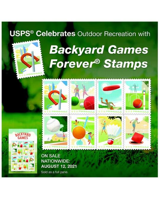 USPS Celebrates Outdoor Recreation with Backyard Games Forever Stamps. On Sale Nationwide: August 12, 2021. Sold as a full panel.