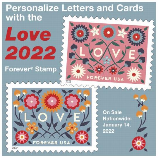 Back cover (Postal Bulletin 22591). February 10, 2022. Personalize Letters and Cards with the Love 2022 Forever Stamp. On Sale Nationwide: January 14, 2022.
