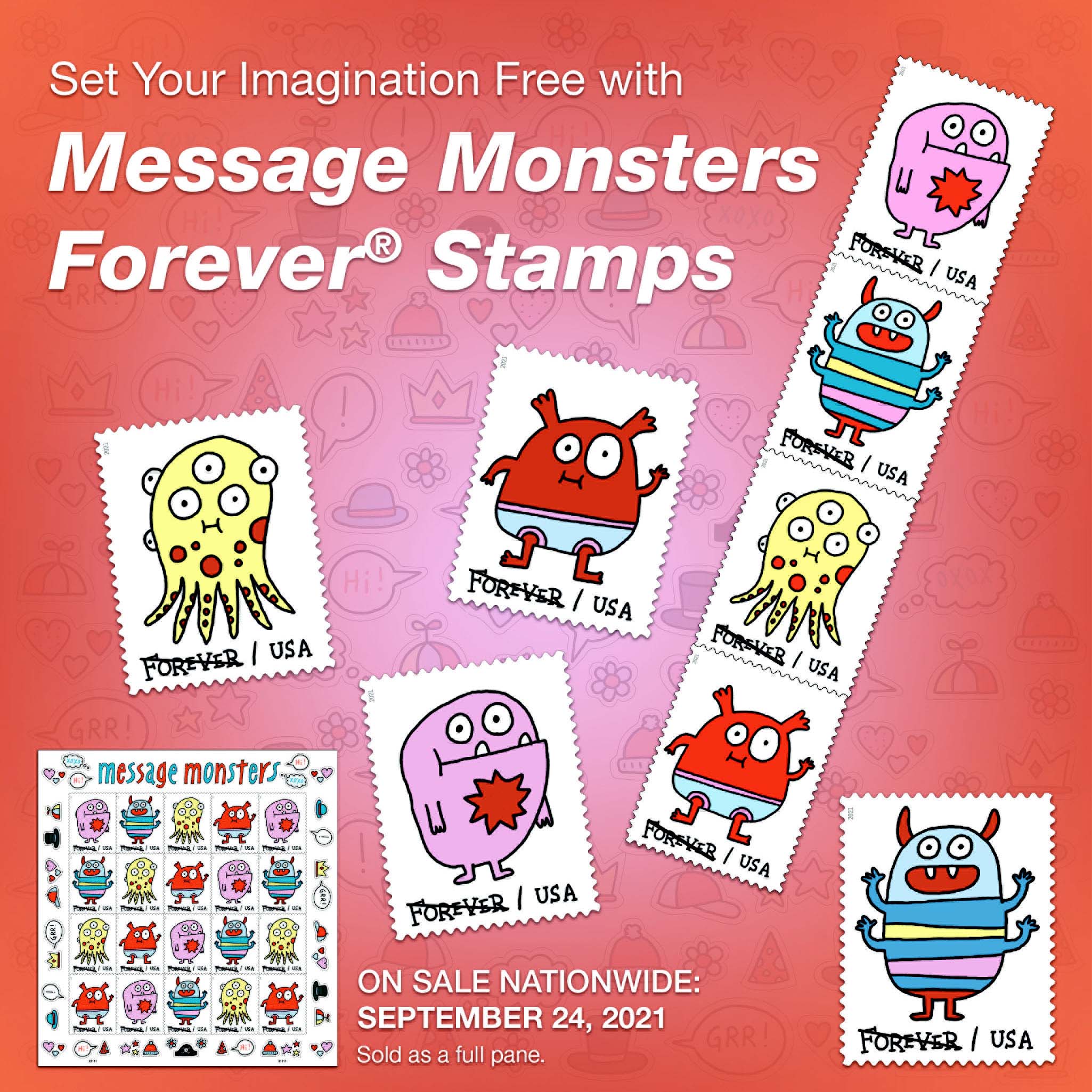 Set Your Imagination Free with Message Monsters Forever Stamps. On Sale Nationwide September 24, 2021.