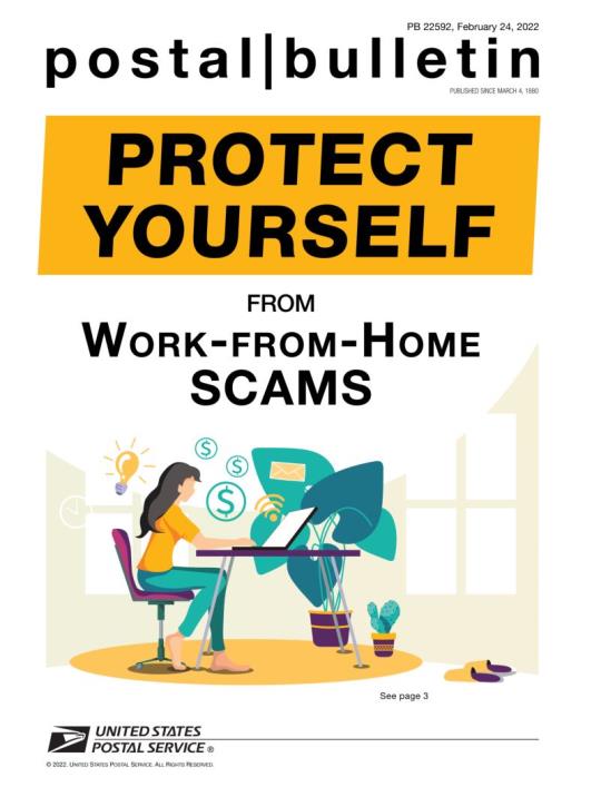 Front Cover: Postal Bulletin 22592, February 24, 2022. Protect Yourself from Home Scams