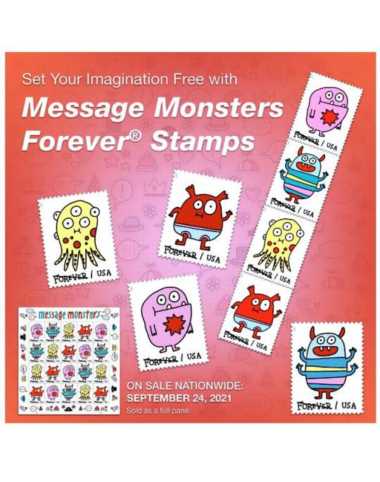 Set your imaination free with Message Monsters Forever Stamps. On Sale Nationwide: September 24, 2021. Sold as a full pane.