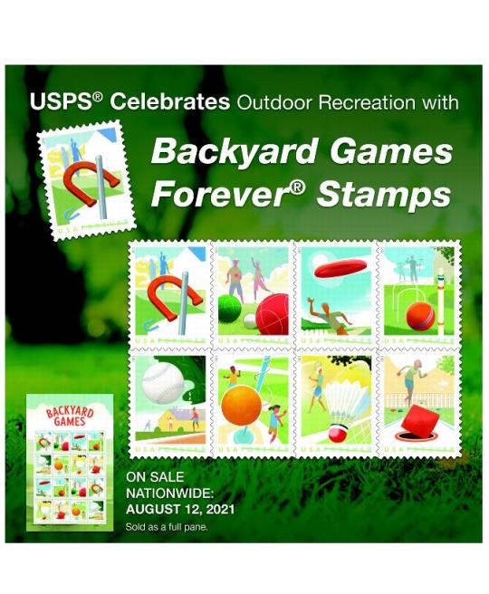 Backyard Games Forever Stamps. On Sale Nationwide: August 12, 2021. Sold as a full pane.