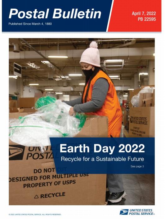 Front Cover: Postal Bulletin 22595, April 7, 2022. Earth Day 2022. Recycle for a Sustainable Future.