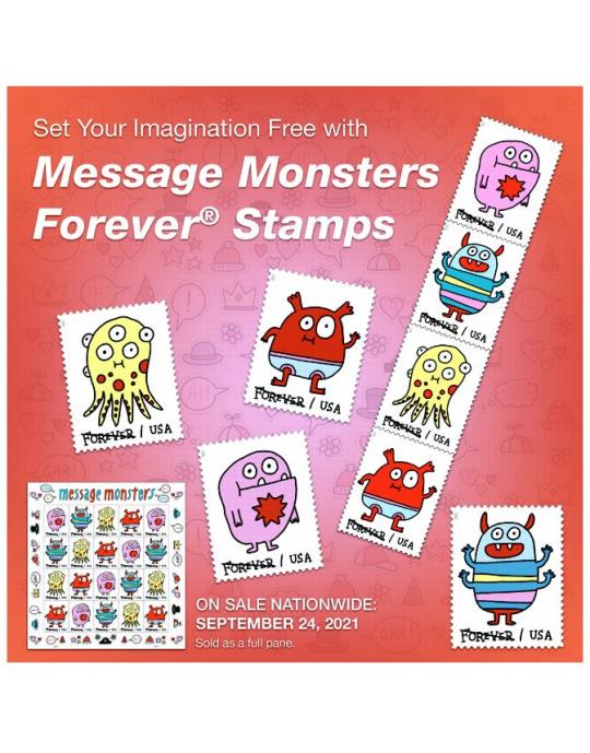 Set Your Imagination Free with Message Monsters Forever Stamps. On Sale Nationwide: September 24, 2021. Sold as a full pane.