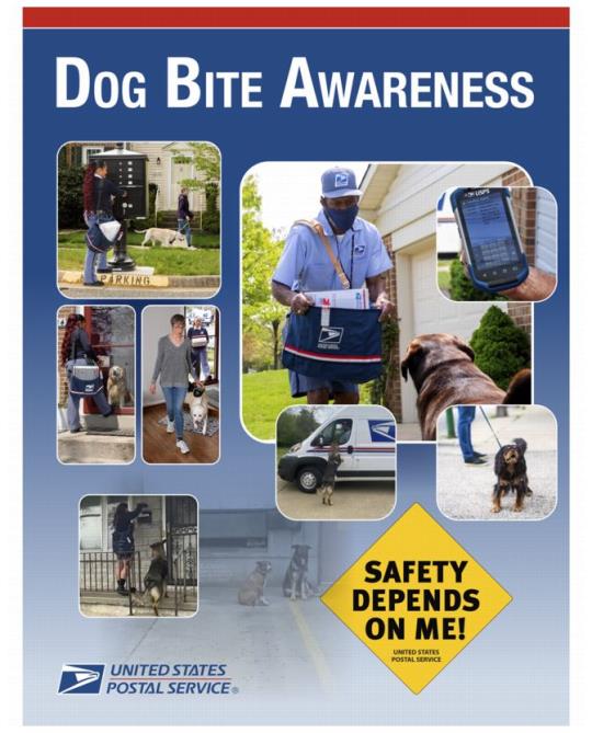 Dog Bite Poster: USPS Dog Bite Awareness Weeek: June 5-11, 2022. Safety Depends on Me!