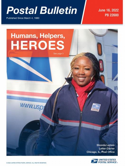 Front Cover: Postal Bulletin 22600, June 16, 2022. Humans, Helpers, Heoes