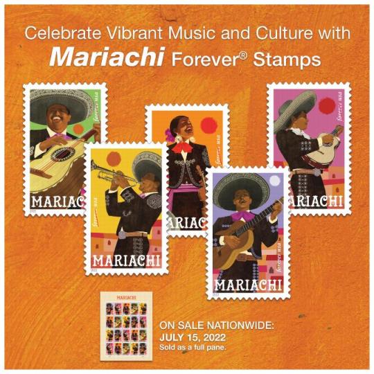 Back cover (Postal Bulletin 226043). August 11, 2022. Celebrate Vibrant Music and Culture with Mariachi Forever Stamps. On Sale Nationwide: July 15, 2022. Sold as a full pane.