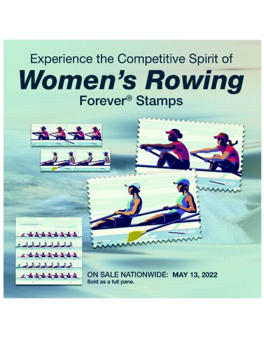 Experience the Cometitive Spirit of Women’s Rowing Forever Stamps. On Sale Nationwide: May 13, 2022. Sold as a full pane.