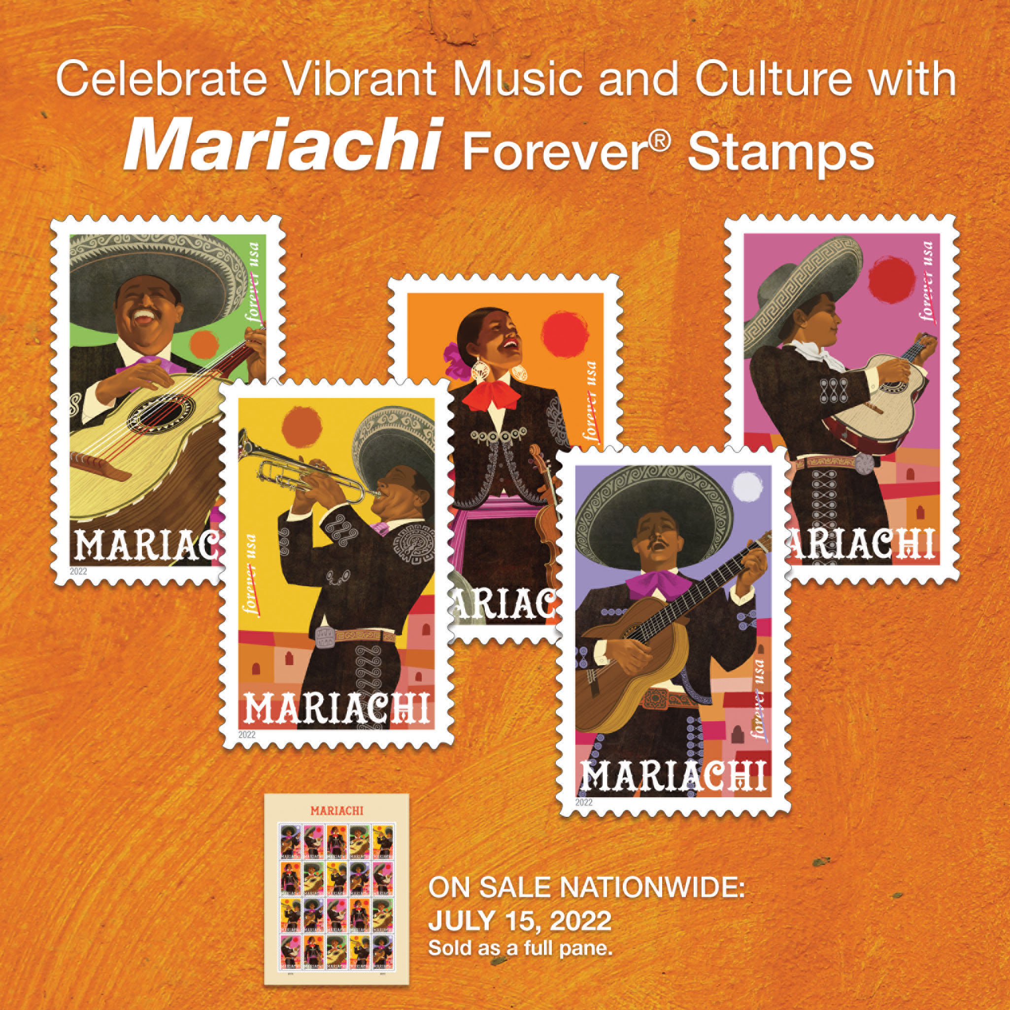 Back cover (Postal Bulletin 22606). September 8, 2022. Celebrate Vibrant Music and Culture with Mariachi Forever Stamps. On Sale Nationwide: July 15, 2022. Sold as a full pane.