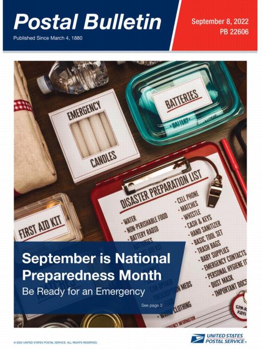 Front Cover: Postal Bulletin 22606,ASeptember 8, 2022. September is National Preparedness Month. Be Ready for an Emergency.
