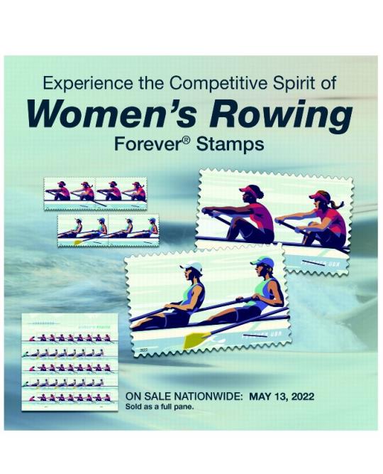 Experience the Competitive Spirit of Women’s Rowing Forever Stamps. On Sale Nationwide: May 13, 2022. Sold as a full pane.