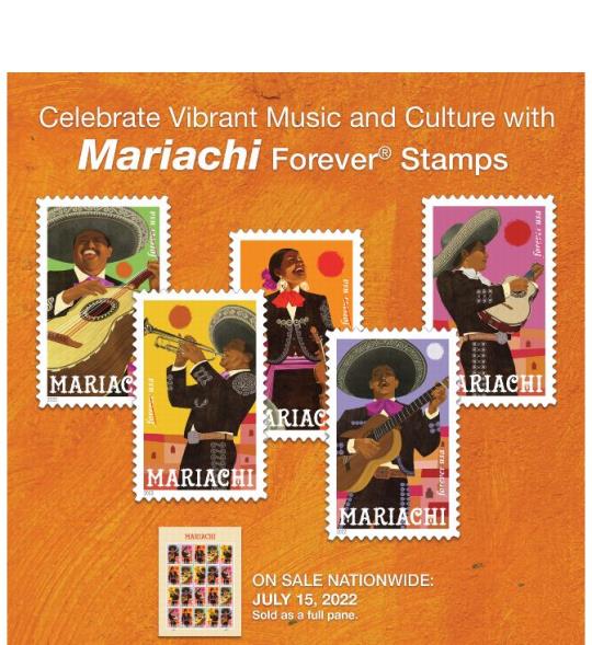 Celebrate Vibrant Music and Culture with Mariachi Forever Stamps. On Sale Nationwide: July 15, 2022. Sold as a full pane.