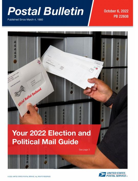 Front Cover: Postal Bulletin 22608, October 6, 2022. Your 2022 Election and Political Mail Guide.