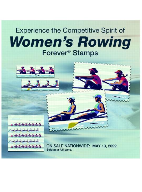 Experience the Competitive Spirit of Women’s Rowing Forever Stamps. On Sale Nationwide: May 13, 2022. Sold as a full pane.