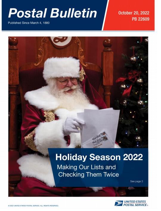 Front Cover: Postal Bulletin 22609, October 20, 2022. Holiday Season 2022. Making our Lists and Checking them Twice.