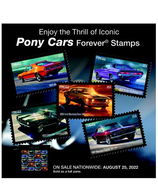Enjoy the Thrill of Iconic Pony Cars Forever Stamps. On Sale Nationwide: August 2, 202. Sold as a full pane.