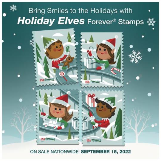 Back cover (Postal Bulletin 22609). October 20, 2022. Bring Smiles to the Holidays with Holiday Elves Forever Stamps. On Sale Nationwide: September 15, 2022.