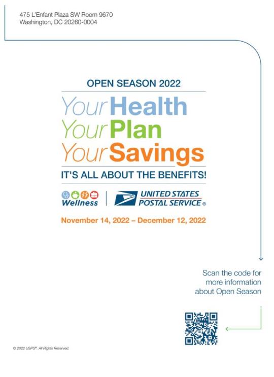 Open Season 2022. Your HealthYour PlanYour SavingsIt’s all about the Benefits!November 14, 2022 - December 12, 2022.Scan the code for more information.