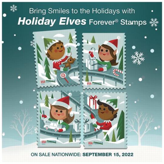 Back cover (Postal Bulletin 22611). November 17, 2022. Bring Smiles to the Holidays with Holiday Elves Forever Stamps. On Sale Nationwide: September 15, 2022.